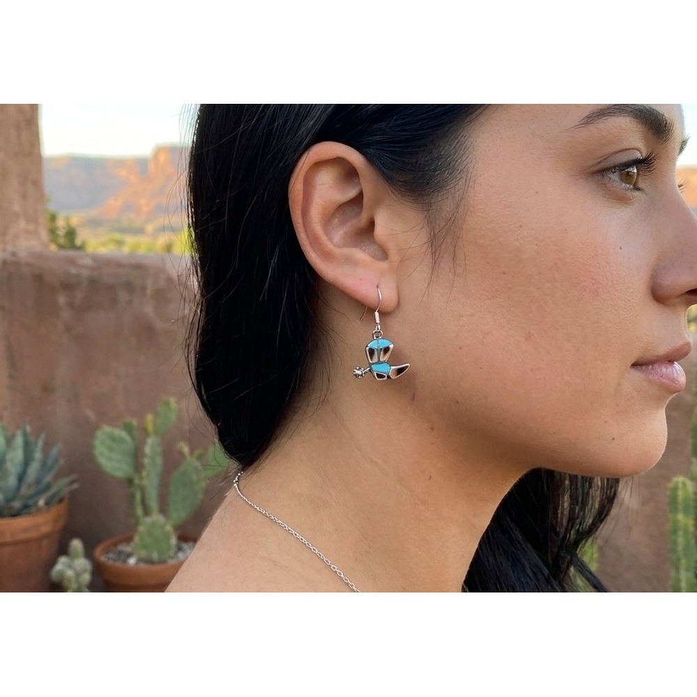 Zuni Handmade Cowboy Boot Earrings Turquoise Inlay Western Dangle Signed Quam **